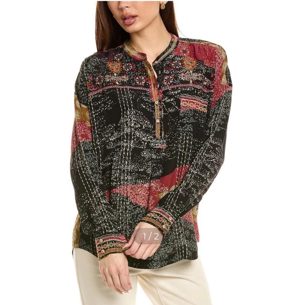 Johnny Was Ozee blouse Biya silk Black Red Patterned embroidered boho NWT S
